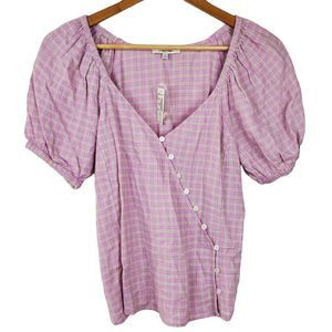Madewell NF303 Pink Tan Plaid Linen Blend Puff Sleeve Button Wrap Top XXS